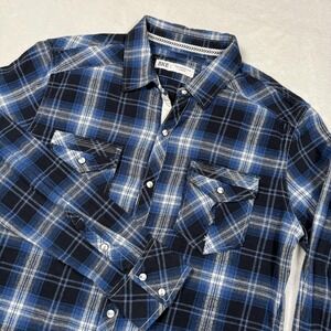 BKE Shirt Mens Large Blue Plaid Flannel Western Pearl‎ Snap Slim Fit Long Sleeve